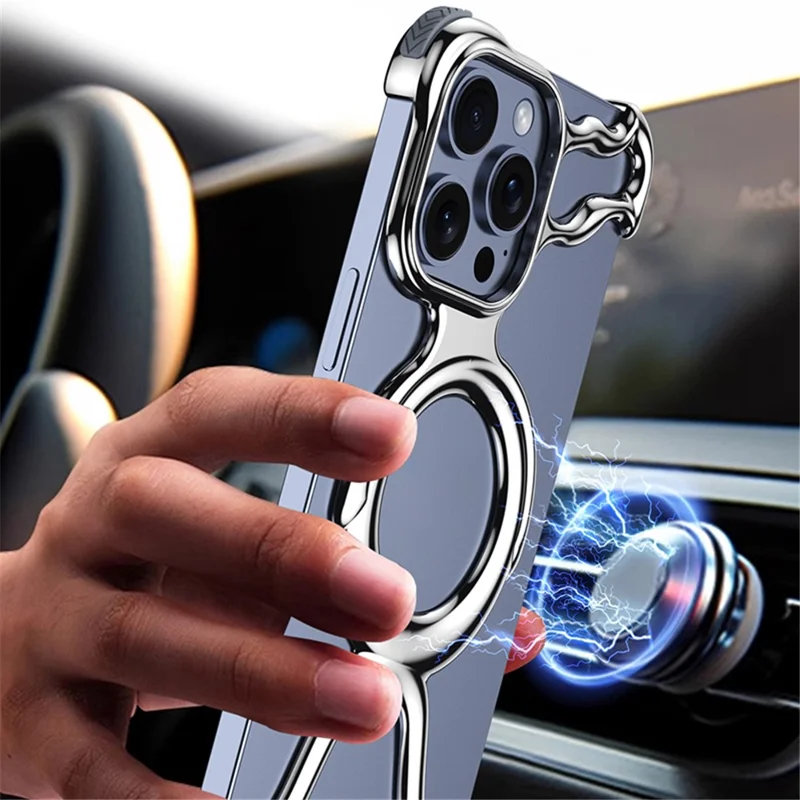 For iPhone 13 Pro Max Frameless Case Compatible with MagSafe Hard PC Electroplating Bumper Cover - Matte Silver