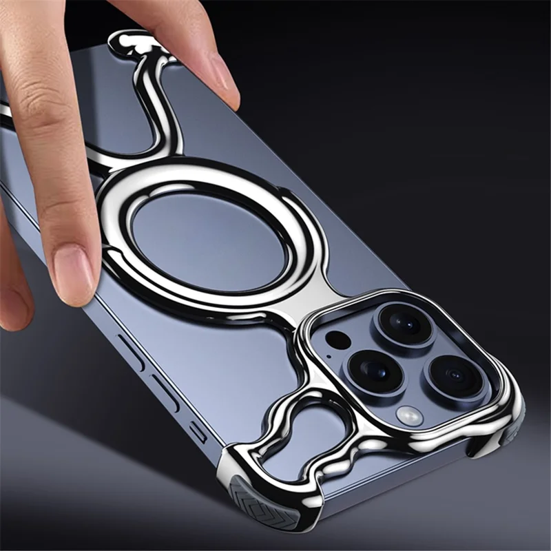 For iPhone 13 Pro Max Frameless Case Compatible with MagSafe Hard PC Electroplating Bumper Cover - Matte Silver