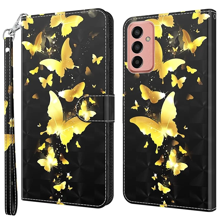 For Samsung Galaxy M13 4G PU Leather Flip Wallet Phone Case Stand Feature 3D Pattern Printing Magnetic Protection Phone Cover with Strap - Golden Butterflies