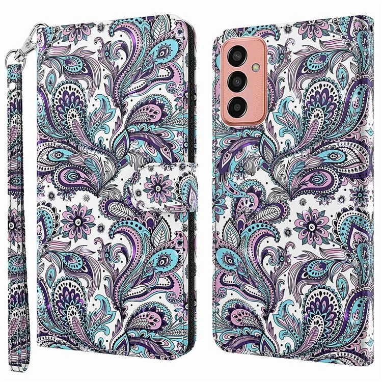 For Samsung Galaxy M13 4G PU Leather Flip Wallet Phone Case Stand Feature 3D Pattern Printing Magnetic Protection Phone Cover with Strap - Purple Impatiens