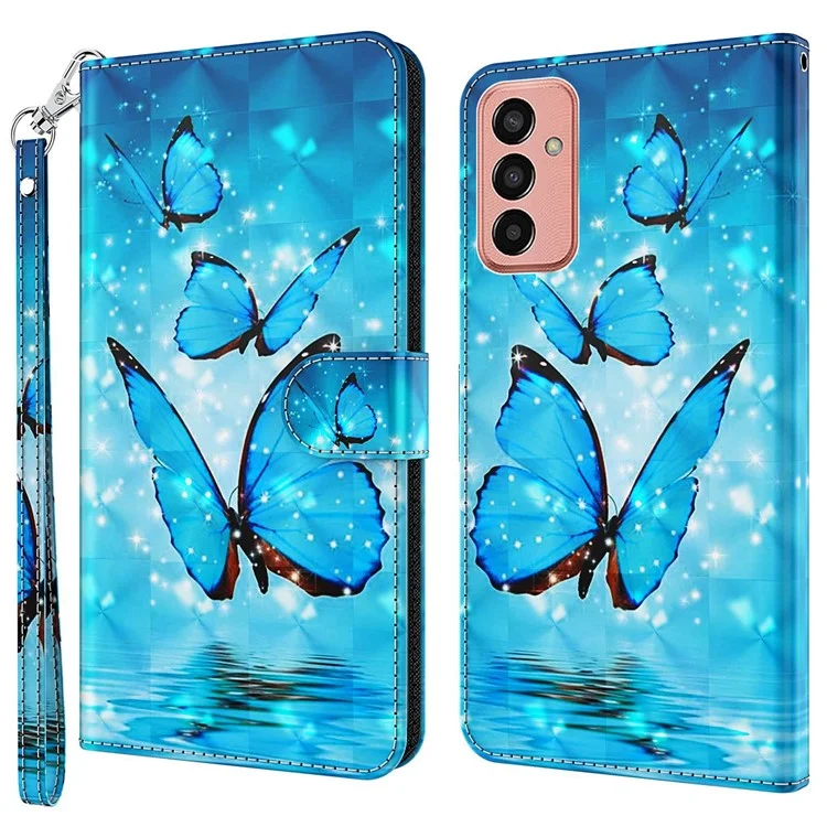 Кожаный флип-кошелек с магнитной застежкой для Samsung Galaxy M13 4G, с 3D-принтом, с функцией подставки и ремешком - синие бабочки