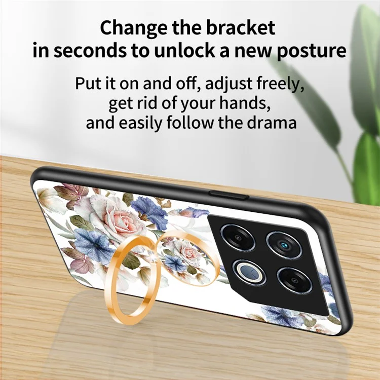 For Infinix GT 20 Pro 5G Case with Ring Kickstand Flower Tempered Glass Phone Cover - White Flower Bush
