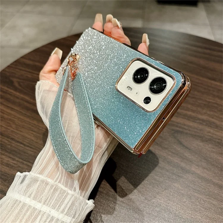 Per Oppo Find N2 5G Case Glitter Brillante Copertura Telefonica Rigida in PC con Tracolla - Blu Sfumato