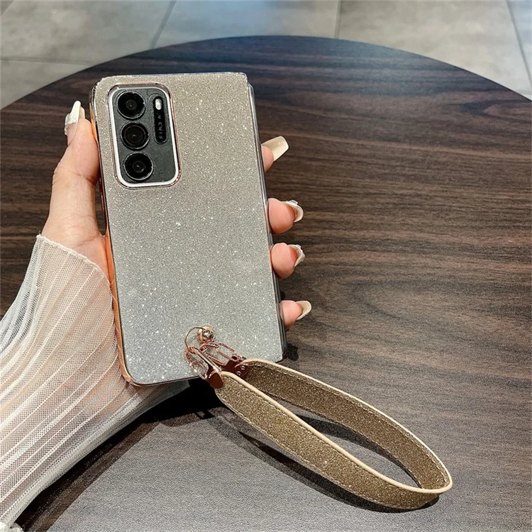 Für Oppo Find N Glitter Case Electroplating Frame Hard PC Phone Cover mit Trageriemen - Gradient Gold