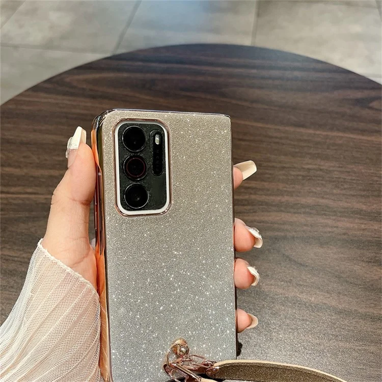 Für Oppo Find N Glitter Case Electroplating Frame Hard PC Phone Cover mit Trageriemen - Gradient Gold