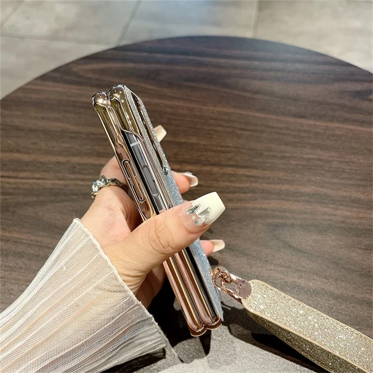 Für Oppo Find N Glitter Case Electroplating Frame Hard PC Phone Cover mit Trageriemen - Gradient Gold