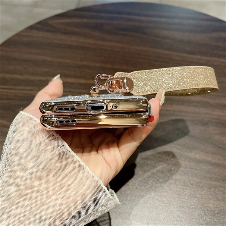 Für Oppo Find N Glitter Case Electroplating Frame Hard PC Phone Cover mit Trageriemen - Gradient Gold