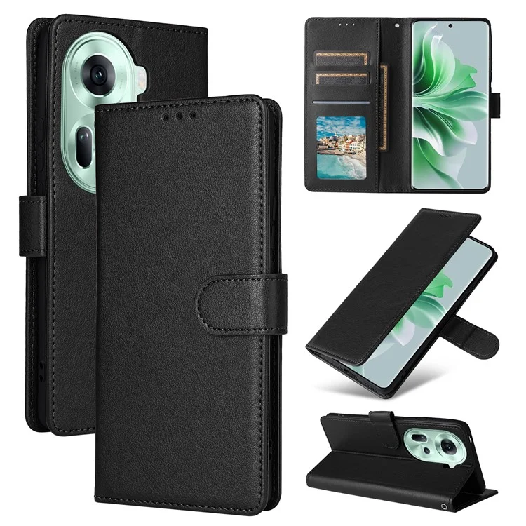 For Oppo Reno11 5G (Global) Stand Case Protective Leather Wallet Phone Cover - Black