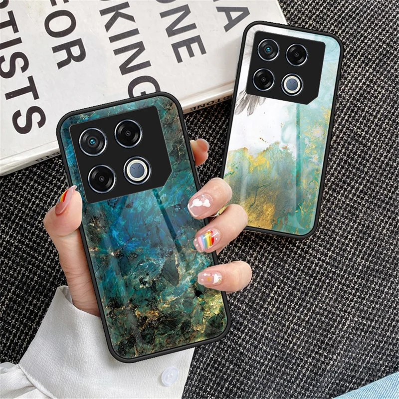 For Infinix GT 20 Pro 5G Tempered Glass Case Marble Pattern Protective Phone Cover - Black Marble