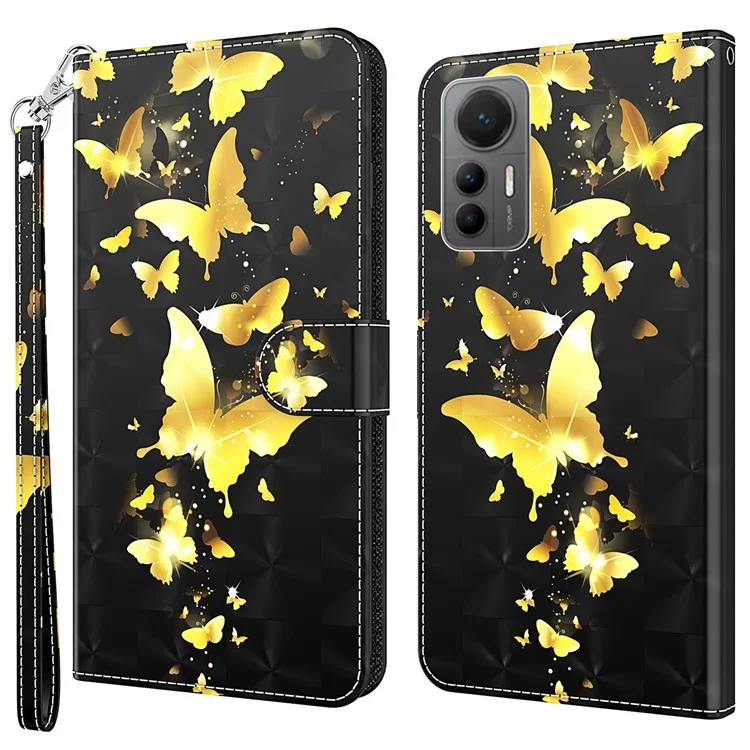 Für Xiaomi 12 Lite 5G PU-Leder Flip-Handyhülle Wallet Design 3D-Muster Druck Ständer Magnetischer Schutzumschlag mit Riemen - Goldene Schmetterlinge
