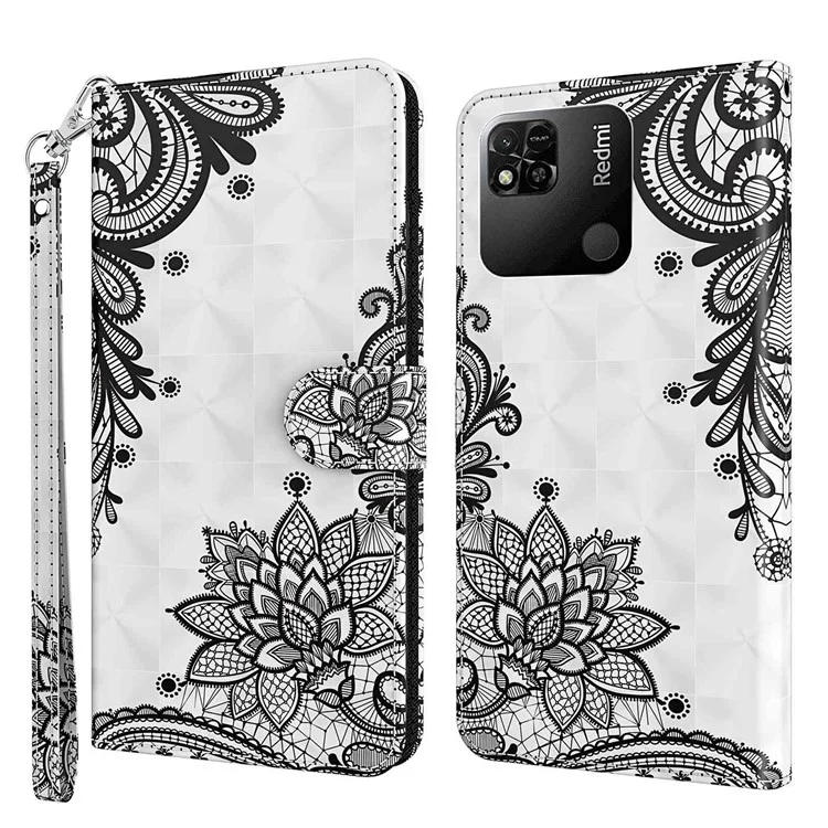 Pour Xiaomi Redmi 10A Étui Portefeuille Téléphone Debout Cas d'impression 3D Motif Cuir PU Magnétique Flip Antichoc Couverture avec Sangle - Fleur de Dentelle