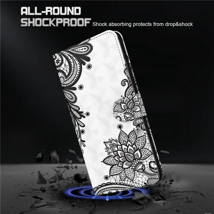 Pour Xiaomi Redmi 10A Étui Portefeuille Téléphone Debout Cas d'impression 3D Motif Cuir PU Magnétique Flip Antichoc Couverture avec Sangle - Fleur de Dentelle