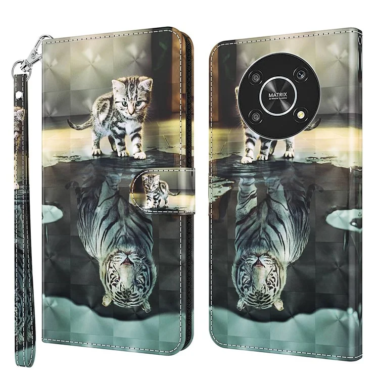 For Honor Magic4 Lite 4G / 5G Custodia Portafoglio in Pelle PU con Stampa 3D, Funzione Stand, Chiusura Magnetica, Tracolla - Gatto / Tigre