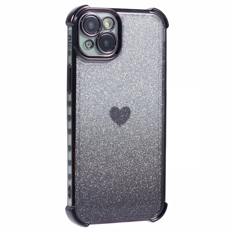 For iPhone 14 Drop Protection Phone Case Heart Pattern TPU Glittery Powder Phone Cover - Black