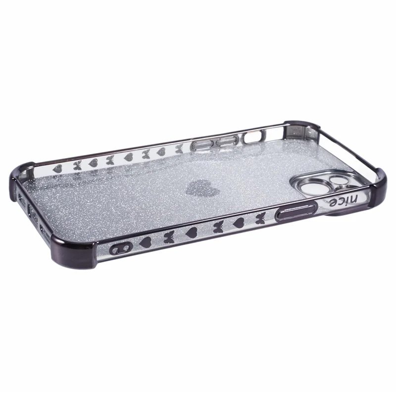 For iPhone 14 Drop Protection Phone Case Heart Pattern TPU Glittery Powder Phone Cover - Black