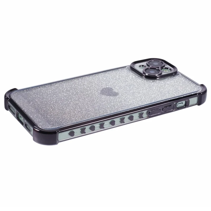 For iPhone 14 Drop Protection Phone Case Heart Pattern TPU Glittery Powder Phone Cover - Black