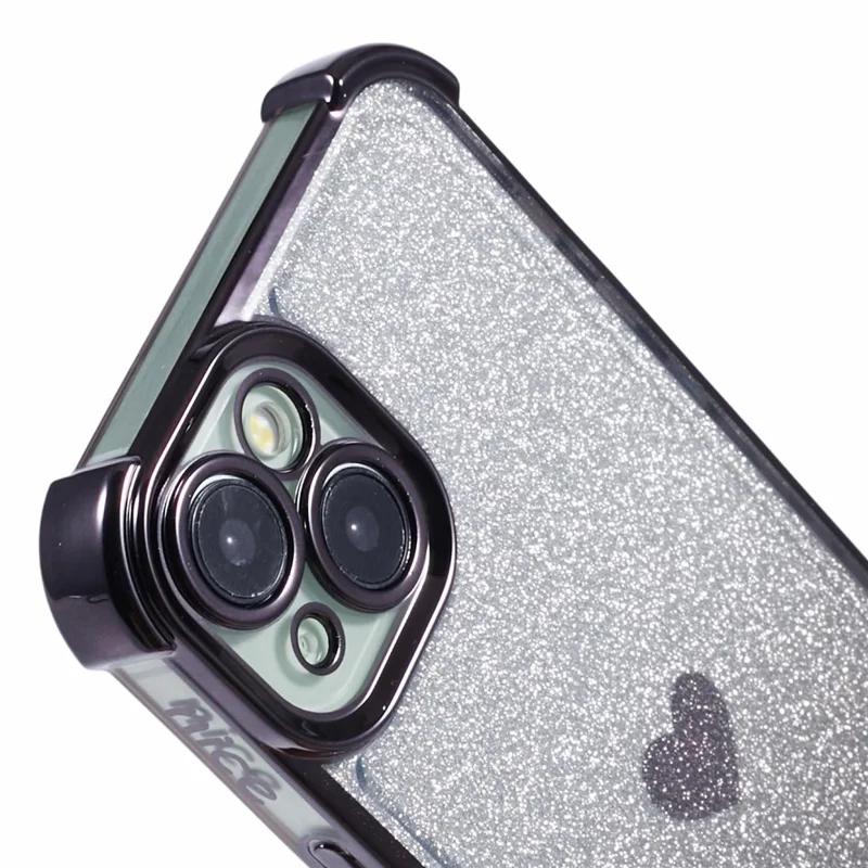 For iPhone 14 Drop Protection Phone Case Heart Pattern TPU Glittery Powder Phone Cover - Black