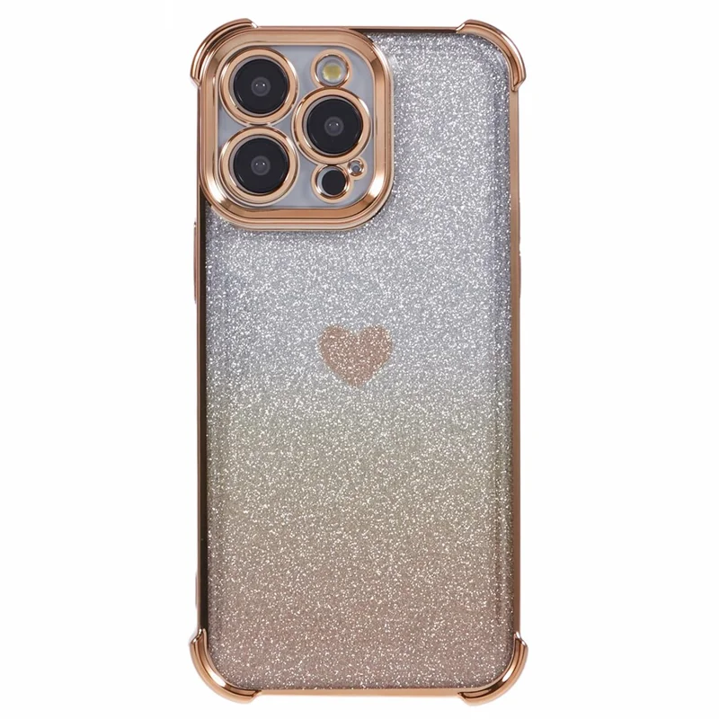 Coque de téléphone en TPU pour iPhone 13 Pro, protection antichute, étui de téléphone avec motif en forme de cœur et poudre pailletée - Or