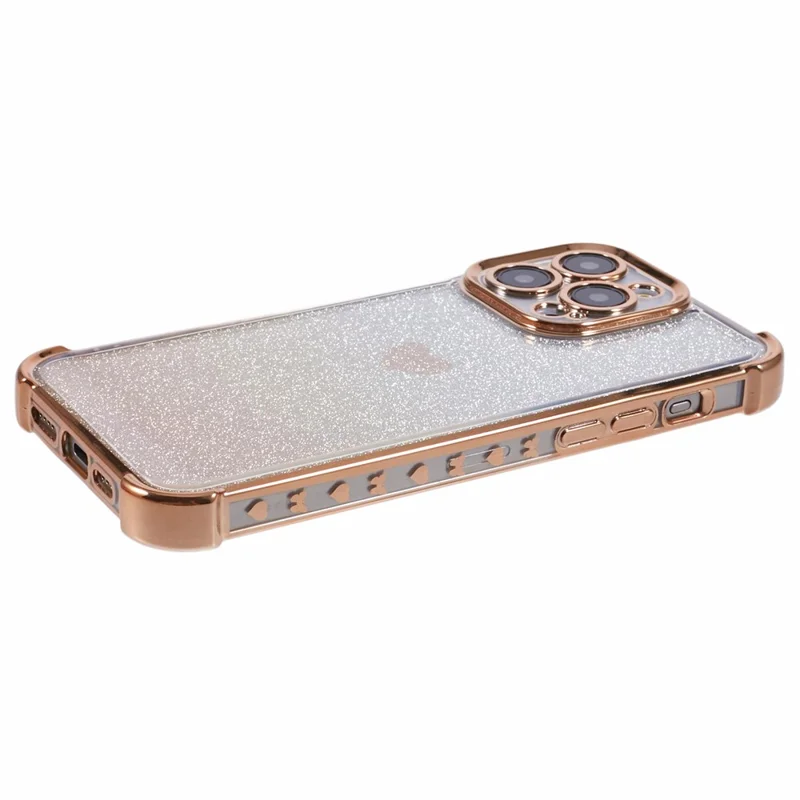 Coque de téléphone en TPU pour iPhone 13 Pro, protection antichute, étui de téléphone avec motif en forme de cœur et poudre pailletée - Or
