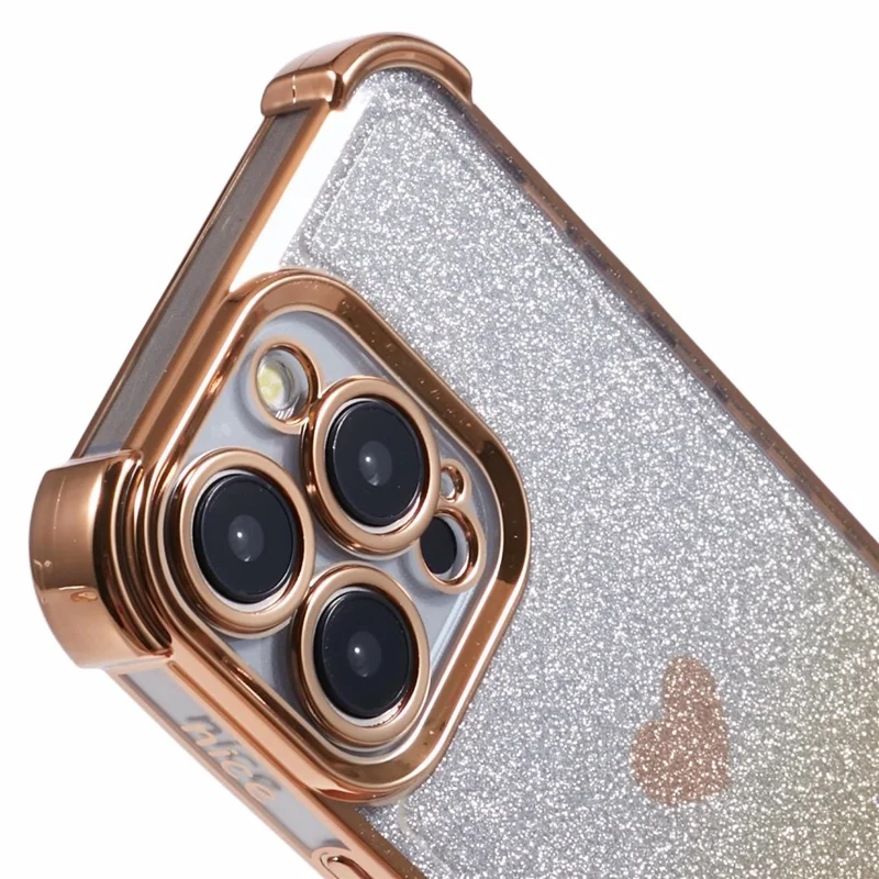 Coque de téléphone en TPU pour iPhone 13 Pro, protection antichute, étui de téléphone avec motif en forme de cœur et poudre pailletée - Or