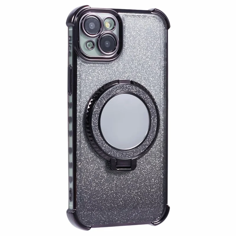 Capa para iPhone 13 com Anel de Suporte, Revestimento Electroplated, Glitter TPU e Espelho - Preto