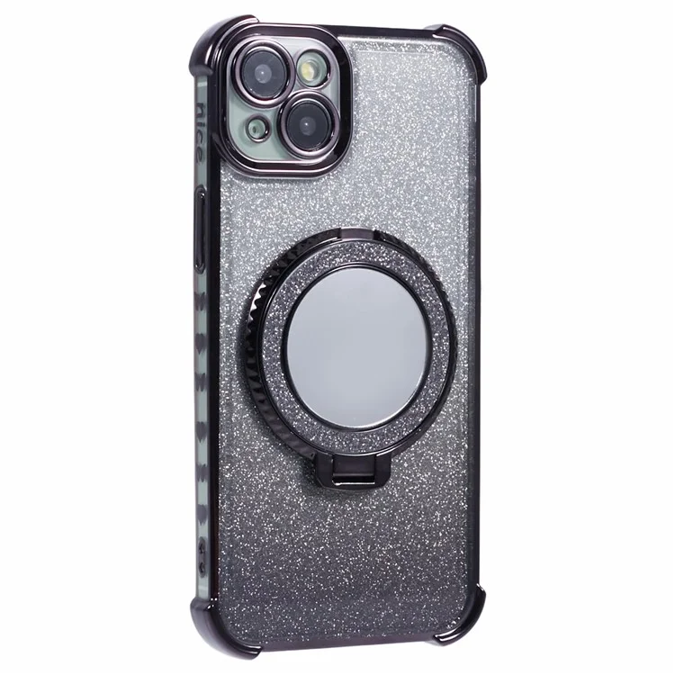 Para iPhone 14 Case Heart Pattern Edge Glitter TPU Phone Kickstand Cover with Round Mirror - Black