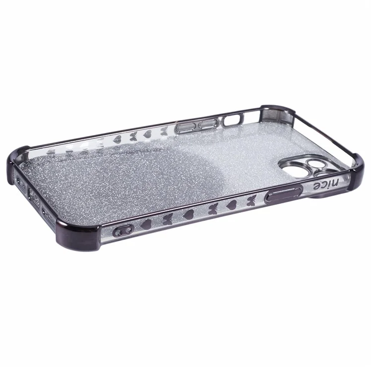 Para iPhone 14 Case Heart Pattern Edge Glitter TPU Phone Kickstand Cover with Round Mirror - Black