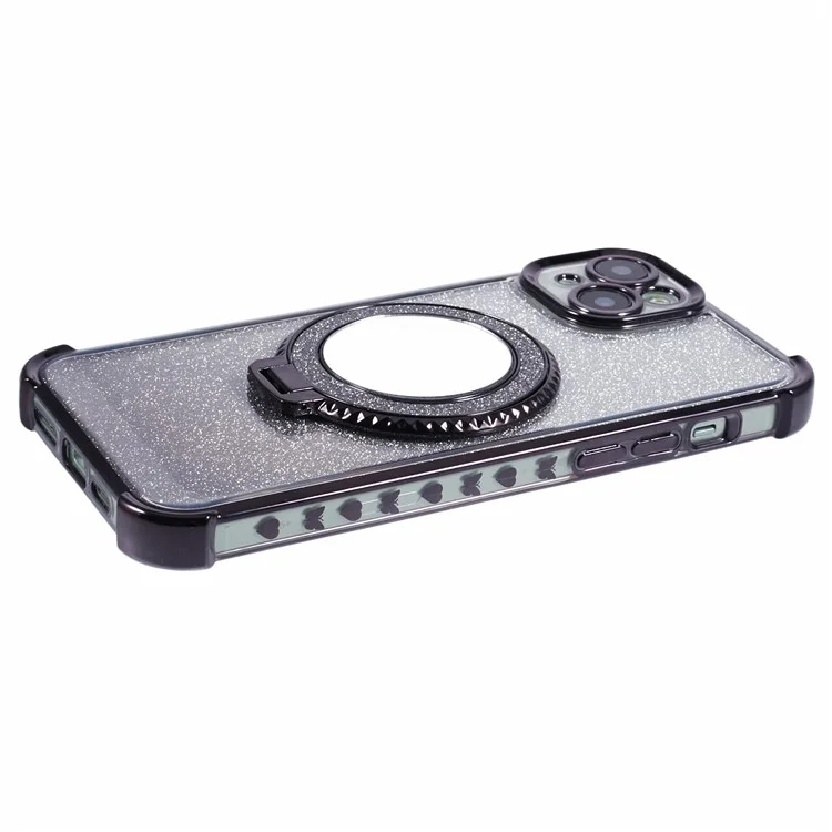 Para iPhone 14 Case Heart Pattern Edge Glitter TPU Phone Kickstand Cover with Round Mirror - Black
