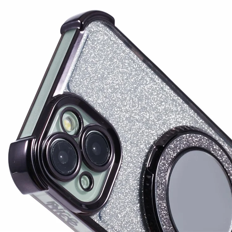 Para iPhone 14 Case Heart Pattern Edge Glitter TPU Phone Kickstand Cover with Round Mirror - Black