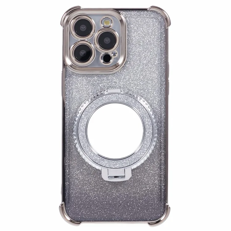 Coque pour iPhone 15 Pro Miroir Rond Bague de Maintien Paillettes Dégradé TPU Housse de Téléphone - Gris