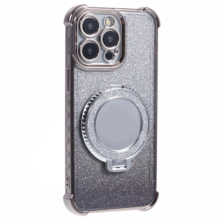Coque pour iPhone 15 Pro Miroir Rond Bague de Maintien Paillettes Dégradé TPU Housse de Téléphone - Gris