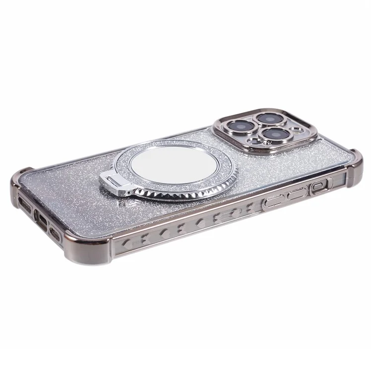 Coque pour iPhone 15 Pro Miroir Rond Bague de Maintien Paillettes Dégradé TPU Housse de Téléphone - Gris