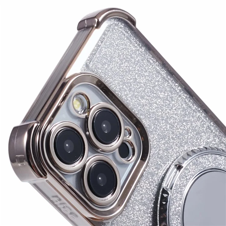 Coque pour iPhone 15 Pro Miroir Rond Bague de Maintien Paillettes Dégradé TPU Housse de Téléphone - Gris