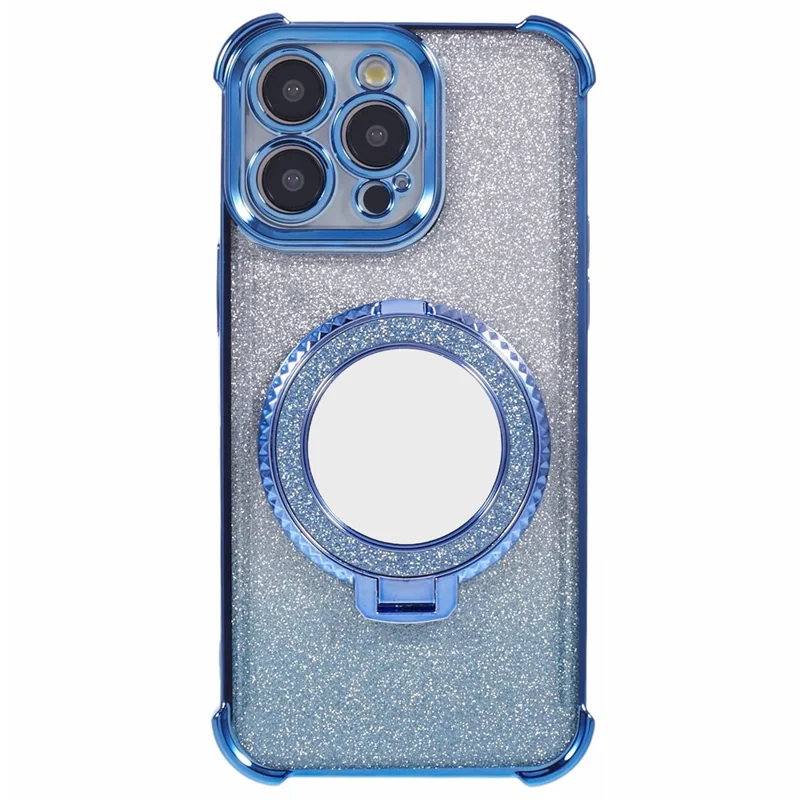 For iPhone 13 Pro Max Case Glitter Gradient Ring Kickstand TPU Phone Cover with Mirror - Blue