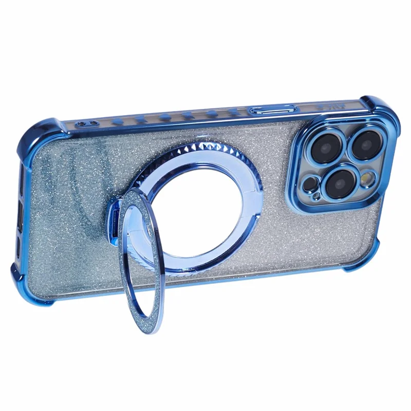 For iPhone 13 Pro Max Case Glitter Gradient Ring Kickstand TPU Phone Cover with Mirror - Blue