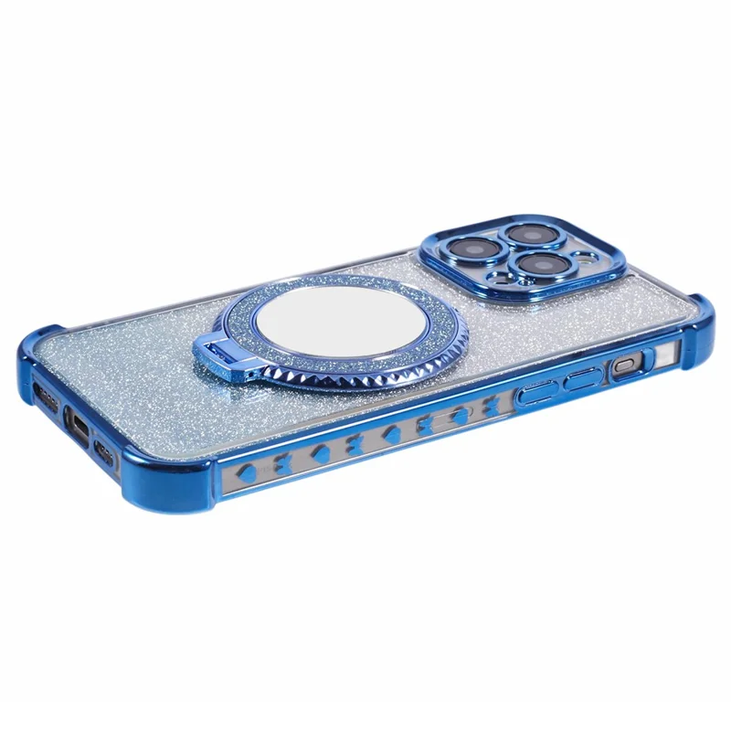 For iPhone 13 Pro Max Case Glitter Gradient Ring Kickstand TPU Phone Cover with Mirror - Blue