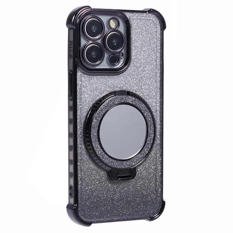 For iPhone 13 Pro Kickstand Case Heart Pattern Edge Glitter TPU Phone Cover with Mirror - Black