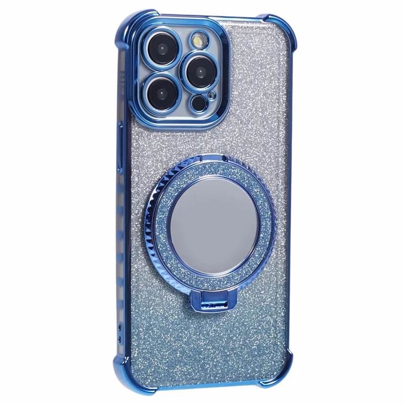 For iPhone 13 Pro Kickstand Case Heart Pattern Edge Glitter TPU Phone Cover with Mirror - Blue
