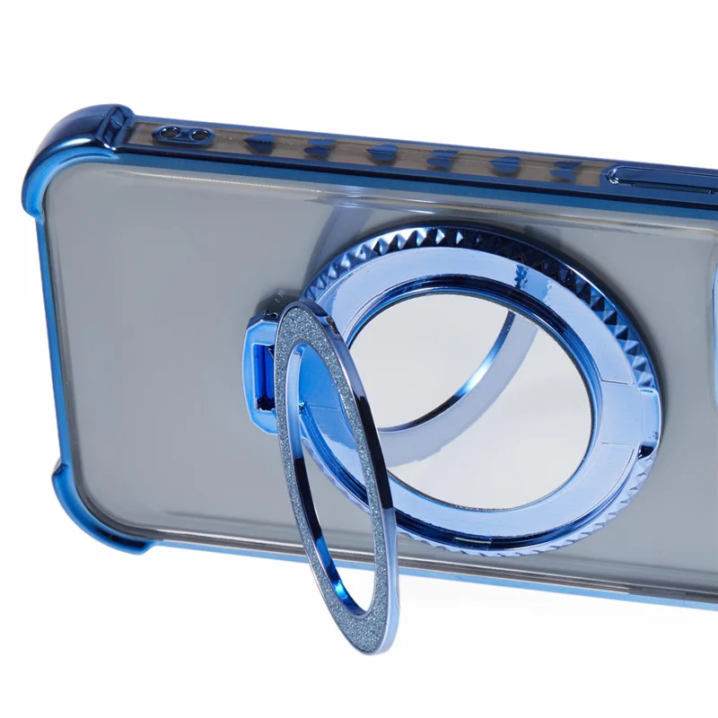 For iPhone 13 Pro Kickstand Case Heart Pattern Edge Glitter TPU Phone Cover with Mirror - Blue