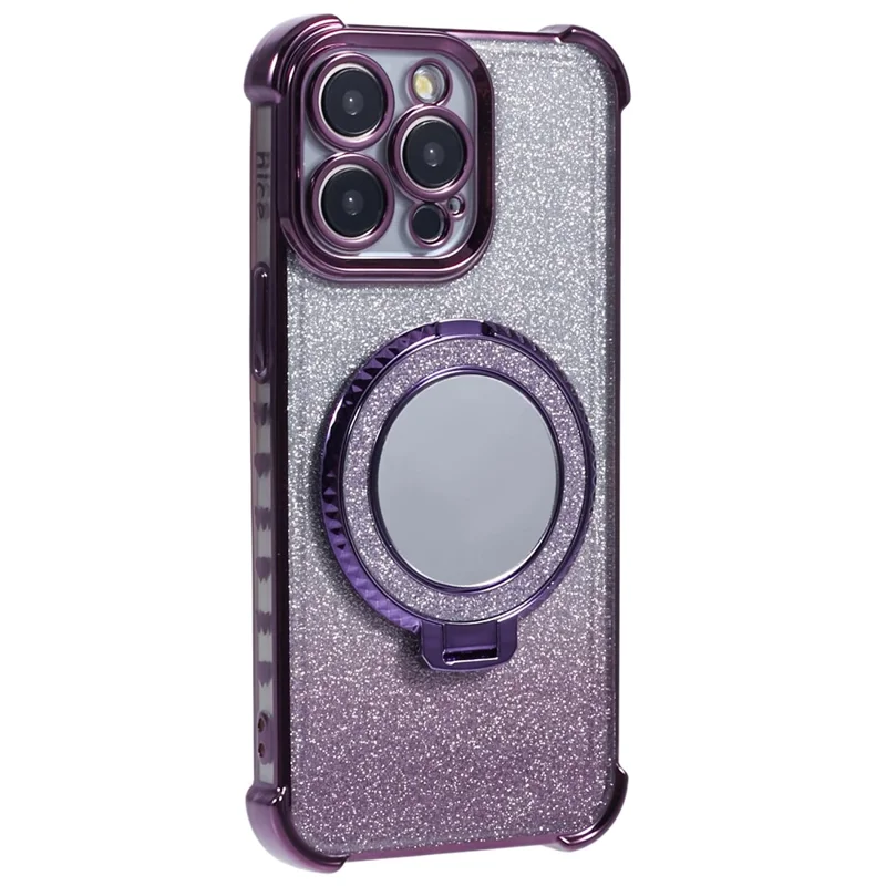 For iPhone 13 Pro Kickstand Case Heart Pattern Edge Glitter TPU Phone Cover with Mirror - Dark Purple