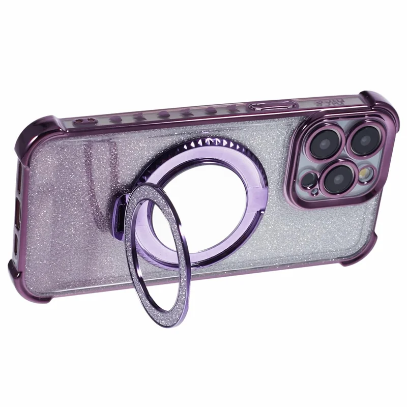 For iPhone 13 Pro Kickstand Case Heart Pattern Edge Glitter TPU Phone Cover with Mirror - Dark Purple