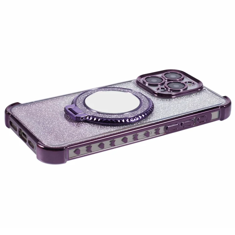For iPhone 13 Pro Kickstand Case Heart Pattern Edge Glitter TPU Phone Cover with Mirror - Dark Purple