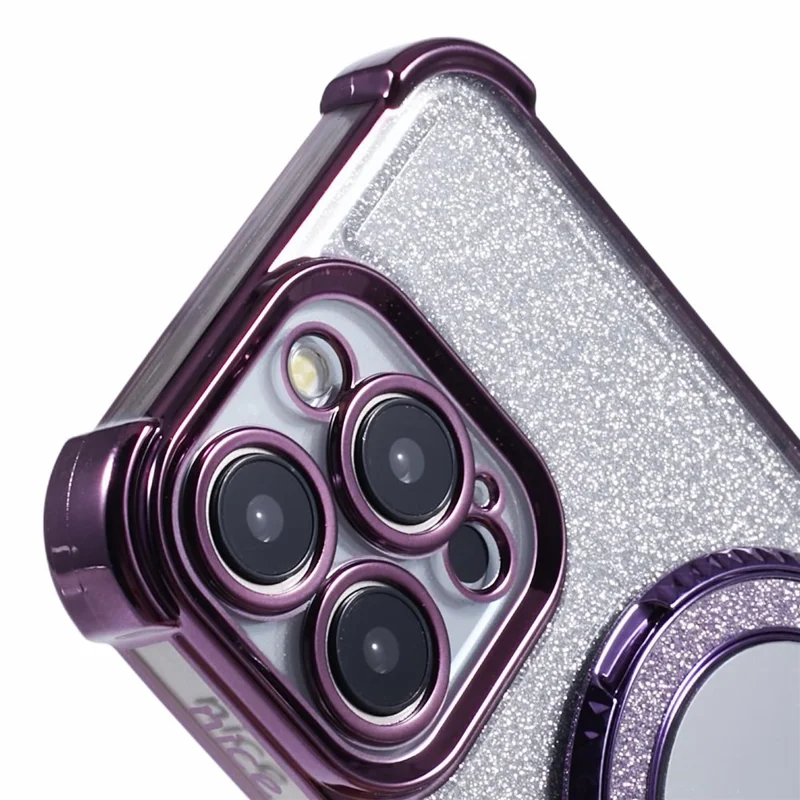 For iPhone 13 Pro Kickstand Case Heart Pattern Edge Glitter TPU Phone Cover with Mirror - Dark Purple