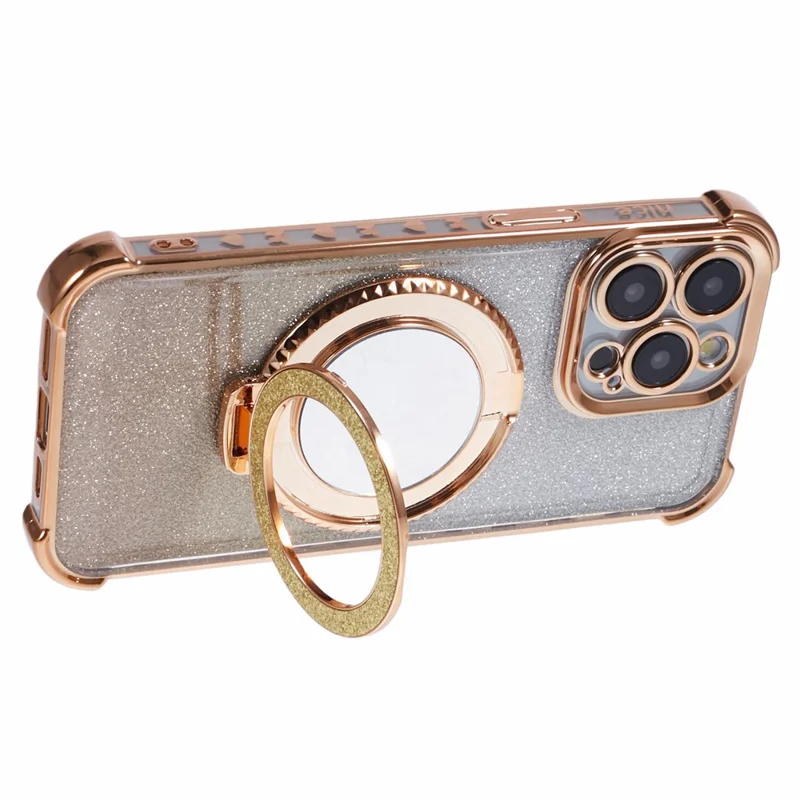 For iPhone 13 Pro Kickstand Case Heart Pattern Edge Glitter TPU Phone Cover with Mirror - Gold