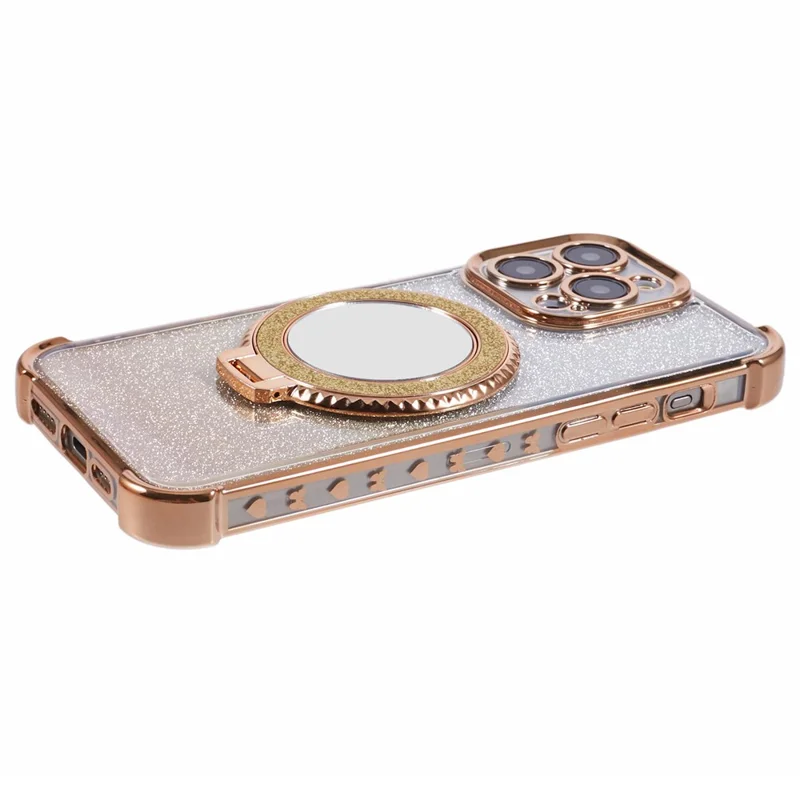 For iPhone 13 Pro Kickstand Case Heart Pattern Edge Glitter TPU Phone Cover with Mirror - Gold