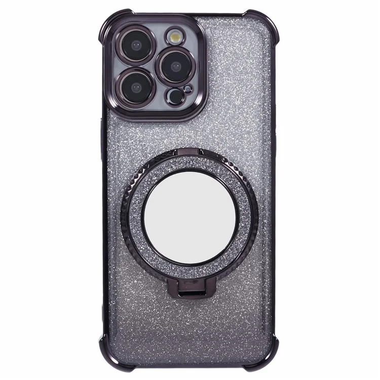 For iPhone 12 Pro Max Case Round Mirror Anti-drop TPU Glitter Phone Cover with Kickstand - Black