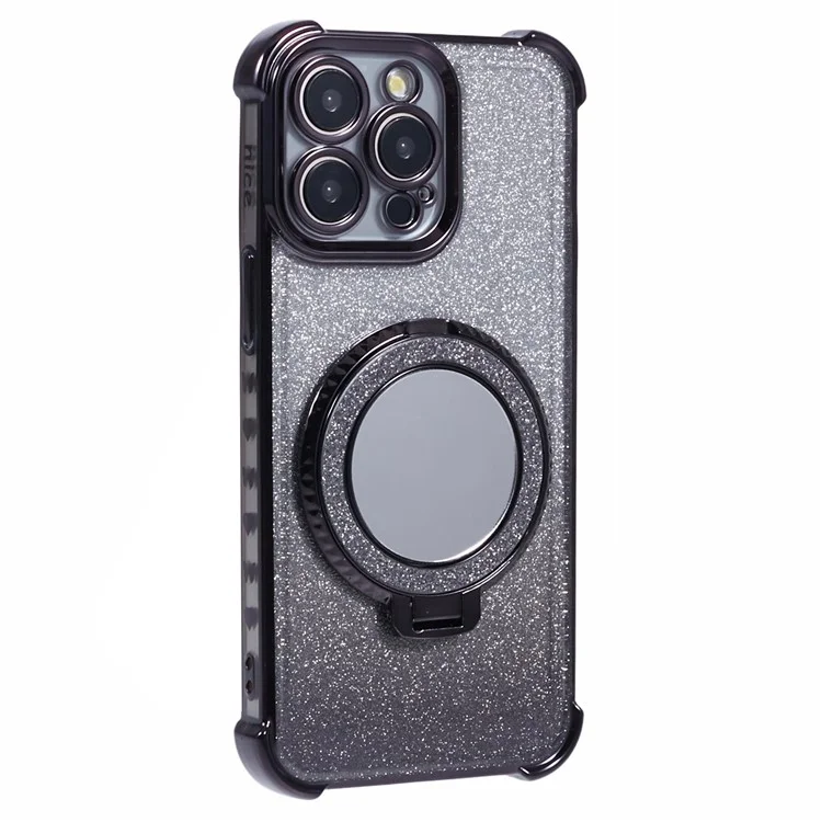 For iPhone 12 Pro Max Case Round Mirror Anti-drop TPU Glitter Phone Cover with Kickstand - Black
