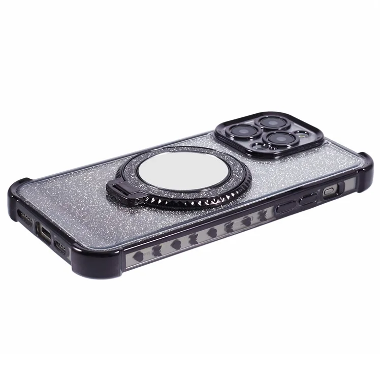 For iPhone 12 Pro Max Case Round Mirror Anti-drop TPU Glitter Phone Cover with Kickstand - Black