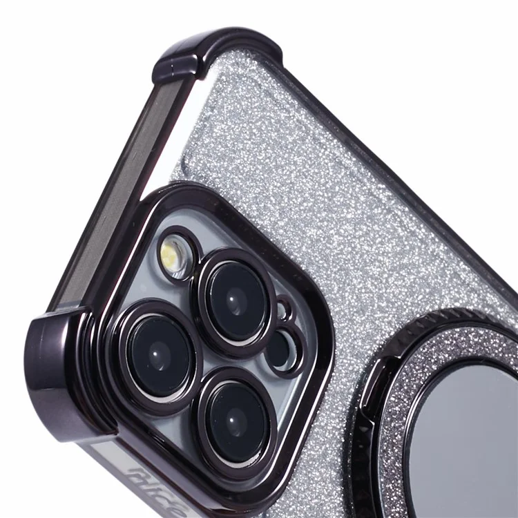 For iPhone 12 Pro Max Case Round Mirror Anti-drop TPU Glitter Phone Cover with Kickstand - Black