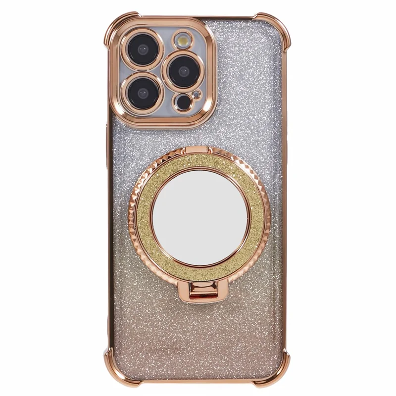 For iPhone 12 Pro Max Case Round Mirror Anti-drop TPU Glitter Phone Cover with Kickstand - Gold